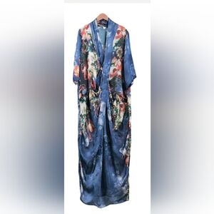 Buykud Floral Print Boho Blue  Kimono Cross Over Maxi Dress Size Medium Large